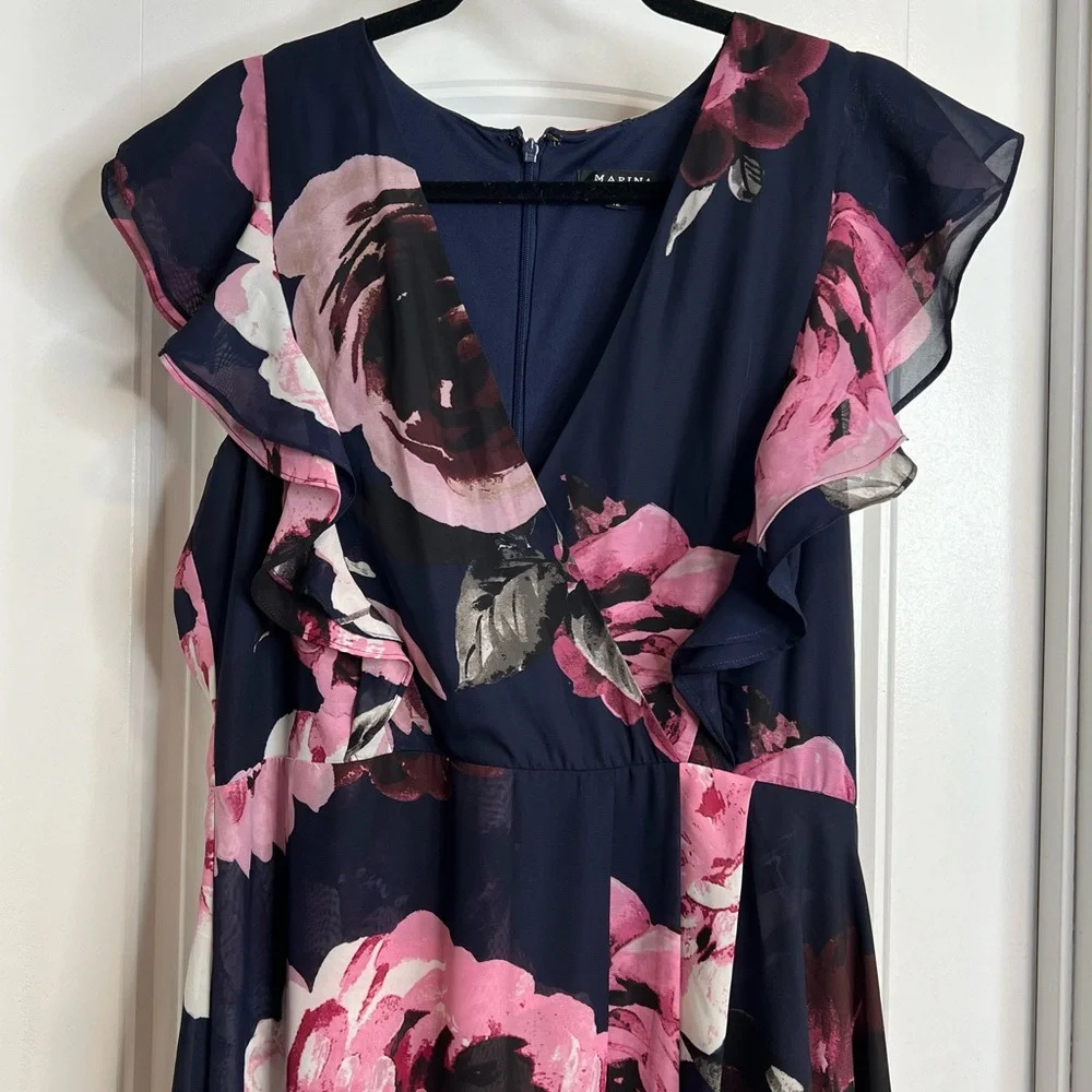 Marina Women's Blue Pink Floral Lined Maxi Party‎ Wedding Dress Gown. Size 12. - Picture 7 of 15